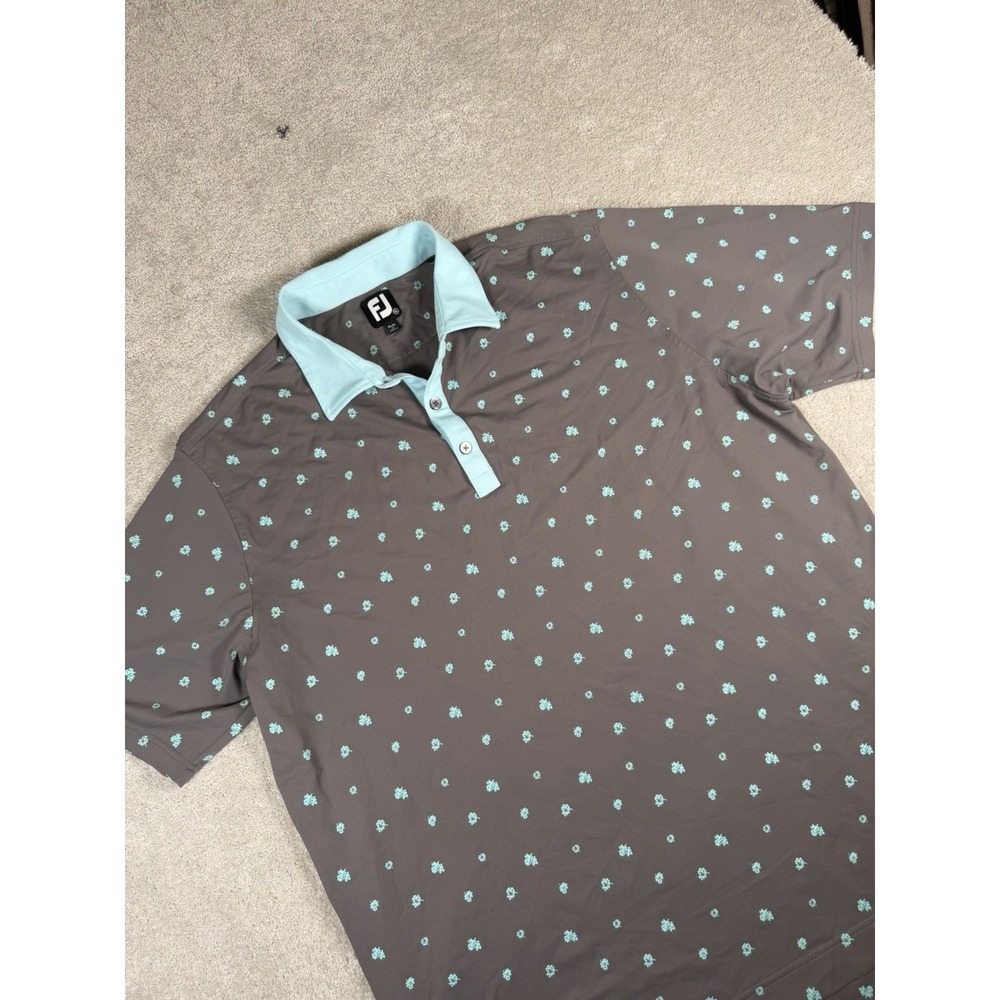 FootJoy FJ Golf Polo Shirt Mens XL Scattered Floral Stretch Pique Gray/Aqua